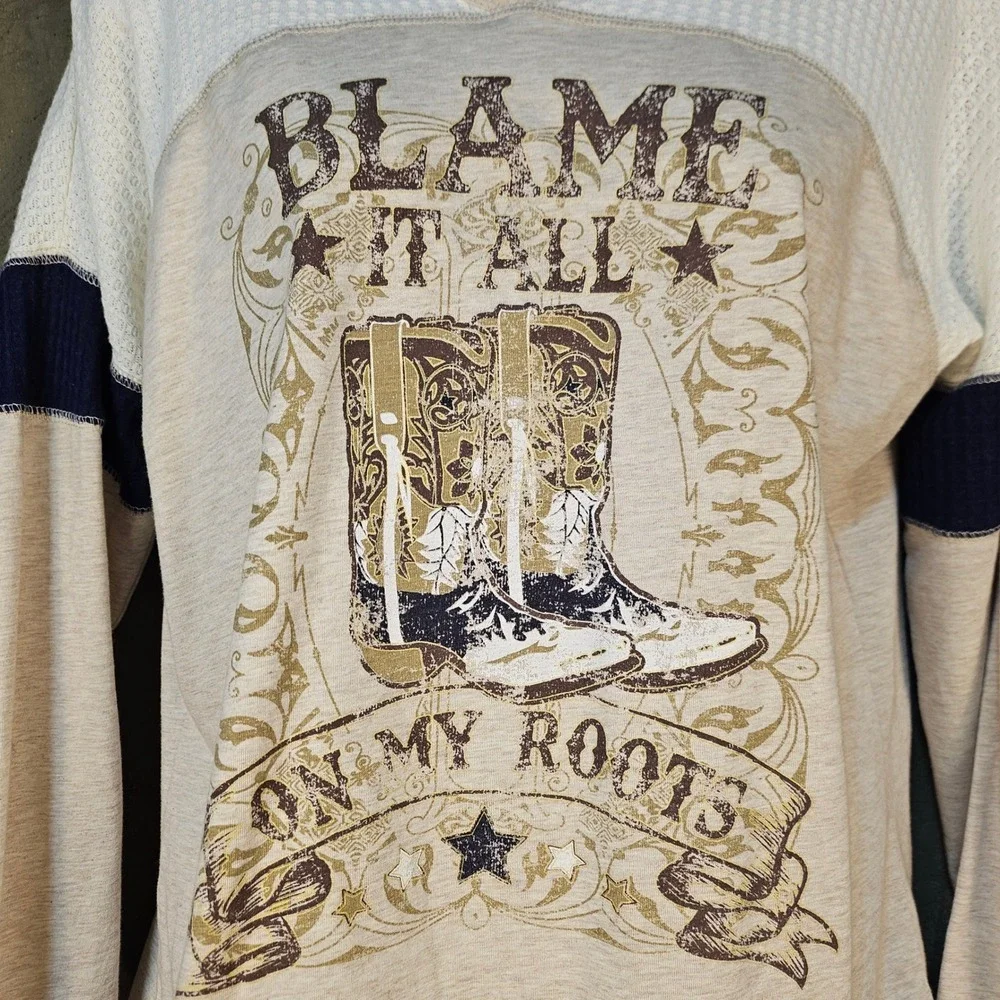 Blame It All On My Roots Top Western Nashville L Waffle Knit Boots Country Music - Picture 4 of 11